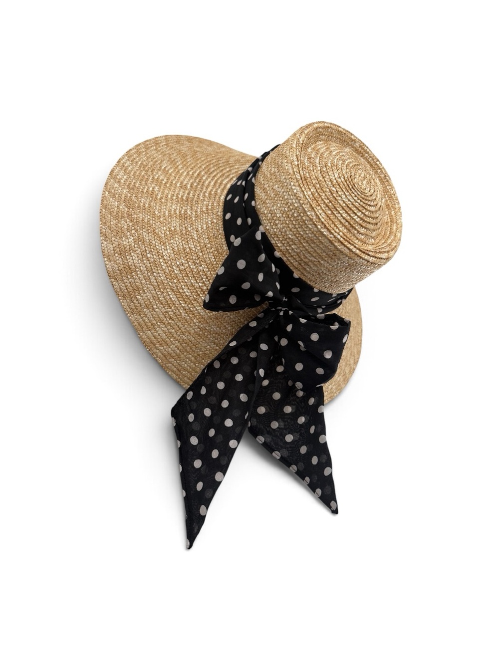 Luxury Wide Brim Straw Sun Hat with Black Polka Dot Scarf